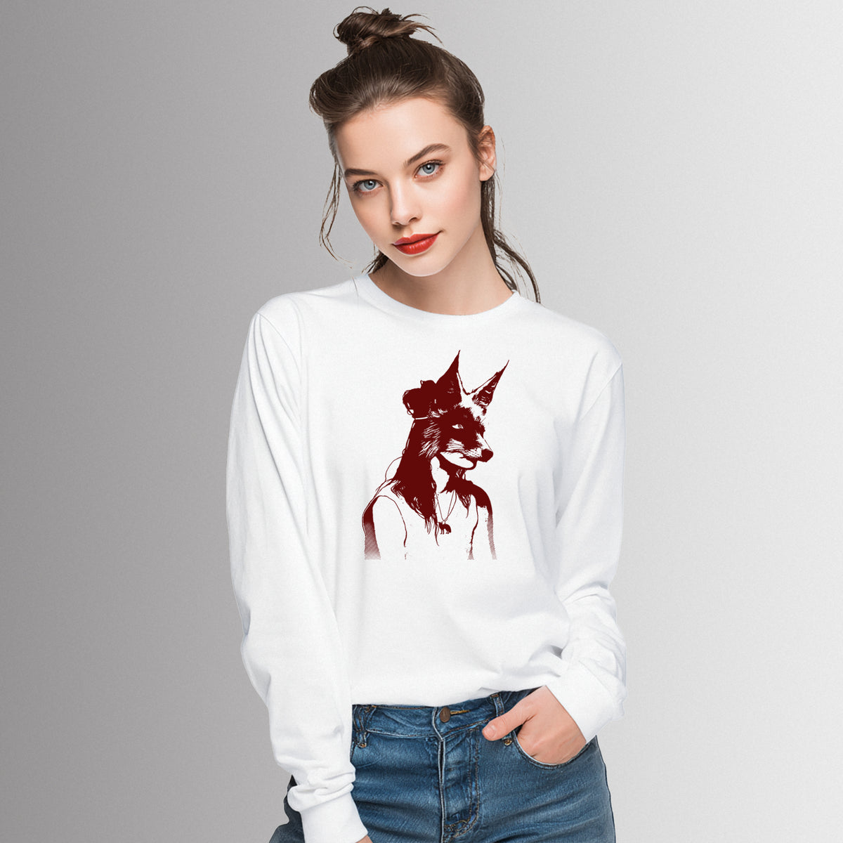 GIRL WEARING FOX MASK - long sleeve unisex tee for men and women