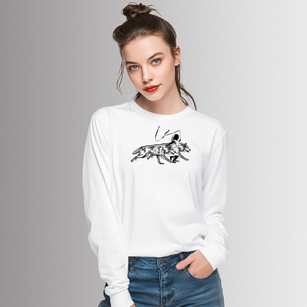 RUNNING WITH WOLVES - Black and White - long sleeve unisex tee for men and women