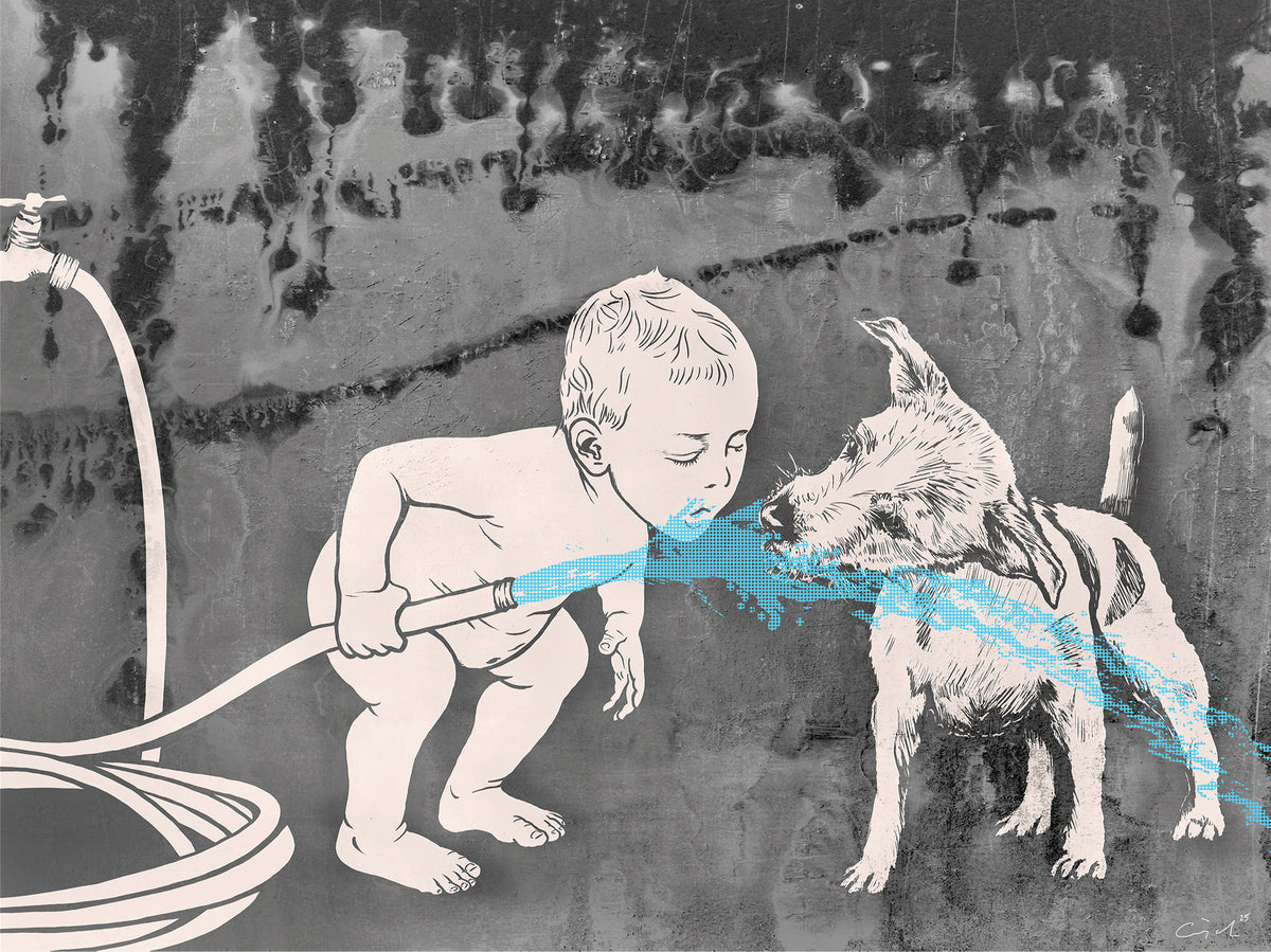 About DRINKING BUDS :
All chaos and existential fears aside for a moment, we can smile while seeing a fat and happy baby with his pup drinking from a garden hose. This is a great companion piece to BEST BUDS; both of which I hope will bring a smile to your face:)