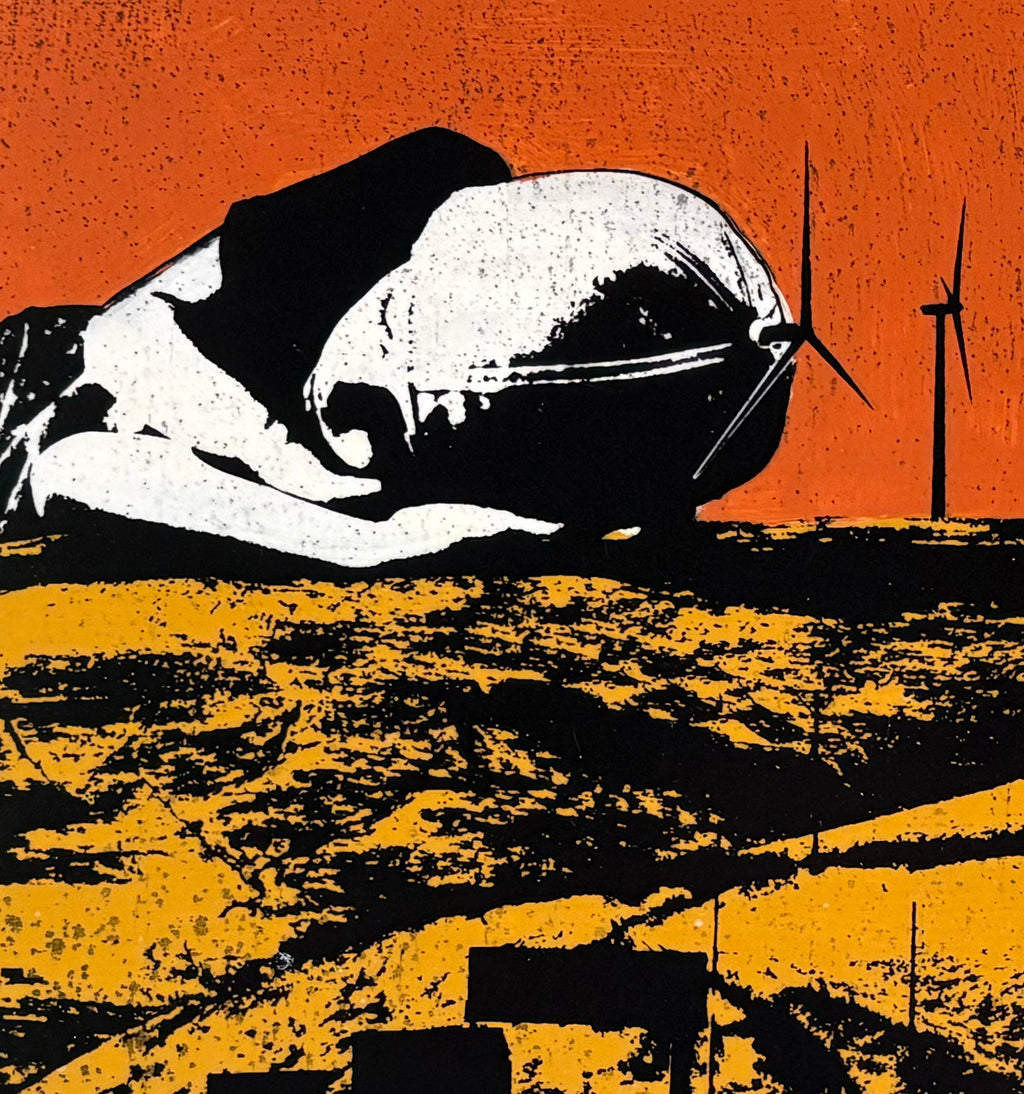 SOLD - LAST ONE - GIANT BOY SLEEPING AMONG WINDMILLS - one-of-a-kind, painting and screen print on wood panel - FREE USA SHIPPING