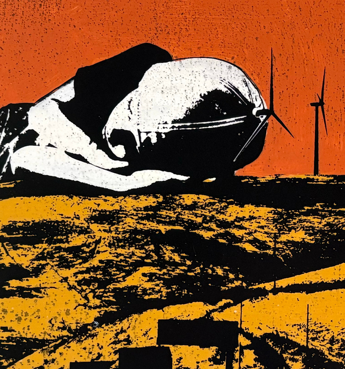 SOLD - LAST ONE - GIANT BOY SLEEPING AMONG WINDMILLS - one-of-a-kind, painting and screen print on wood panel - FREE USA SHIPPING