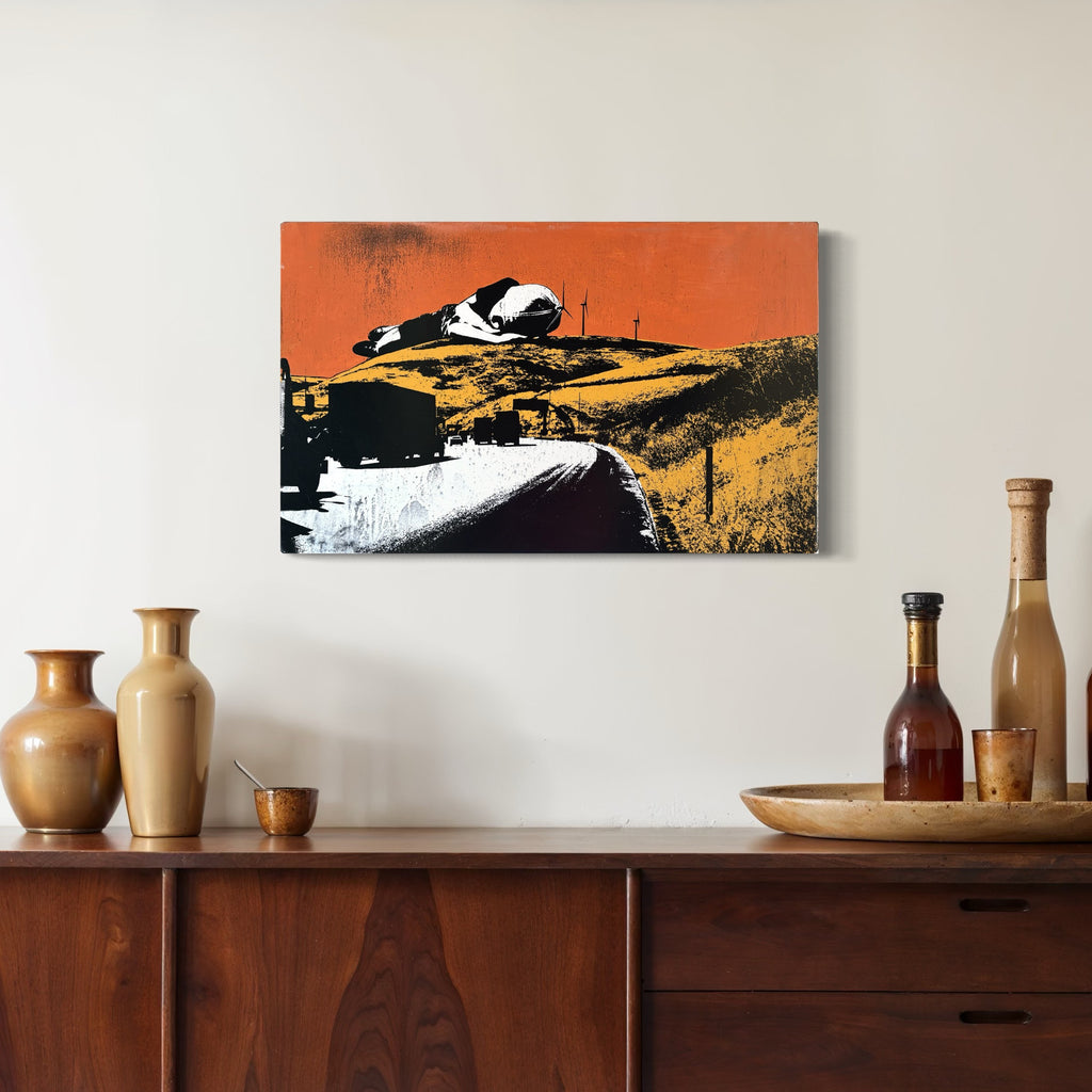 SOLD - LAST ONE - GIANT BOY SLEEPING AMONG WINDMILLS - one-of-a-kind, painting and screen print on wood panel - FREE USA SHIPPING