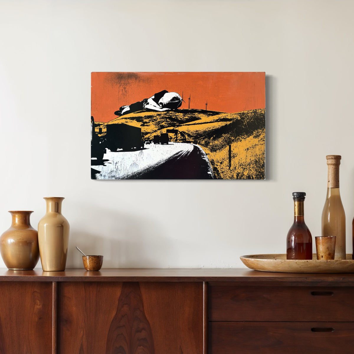 SOLD - LAST ONE - GIANT BOY SLEEPING AMONG WINDMILLS - one-of-a-kind, painting and screen print on wood panel - FREE USA SHIPPING