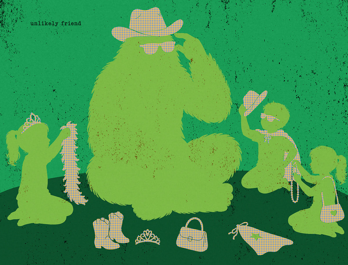 About UNLIKELY FRIEND:

A gentle Bigfoot in a cowboy hat becomes the most unlikely member of a dress-up party, patiently surrounded by children offering tiaras, boots, purses, and all the accessories needed for a proper afternoon of make-believe. Rendered in layered greens with bright orange-and-blue halftone details, this playful piece mixes vintage print texture, childhood imagination, and the sweet absurdity of a friendship that makes room for everyone.