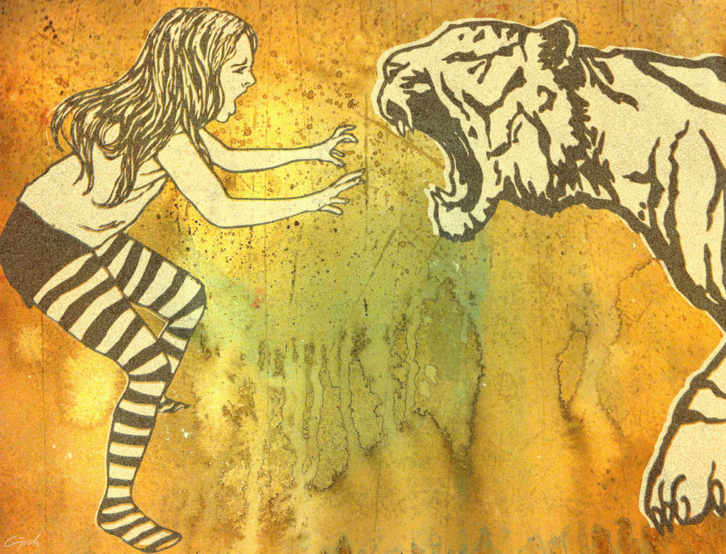 About FIERCE:

Inspired by my eight year old daughter, 'Fierce' features a young girl facing her fears. Even though the challenge is great, she roars at the tiger with ferocity and resolution; making it clear that she is in charge and will prevail, even though the odds may be against her. 