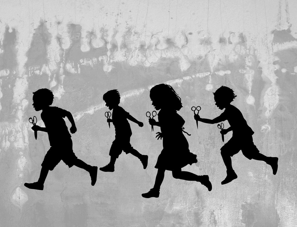  About RUNNING WITH SCISSORS:

The children are running, as children always seem to be running, with sharp objects, in a pack, in a frenzy of overflowing energy.