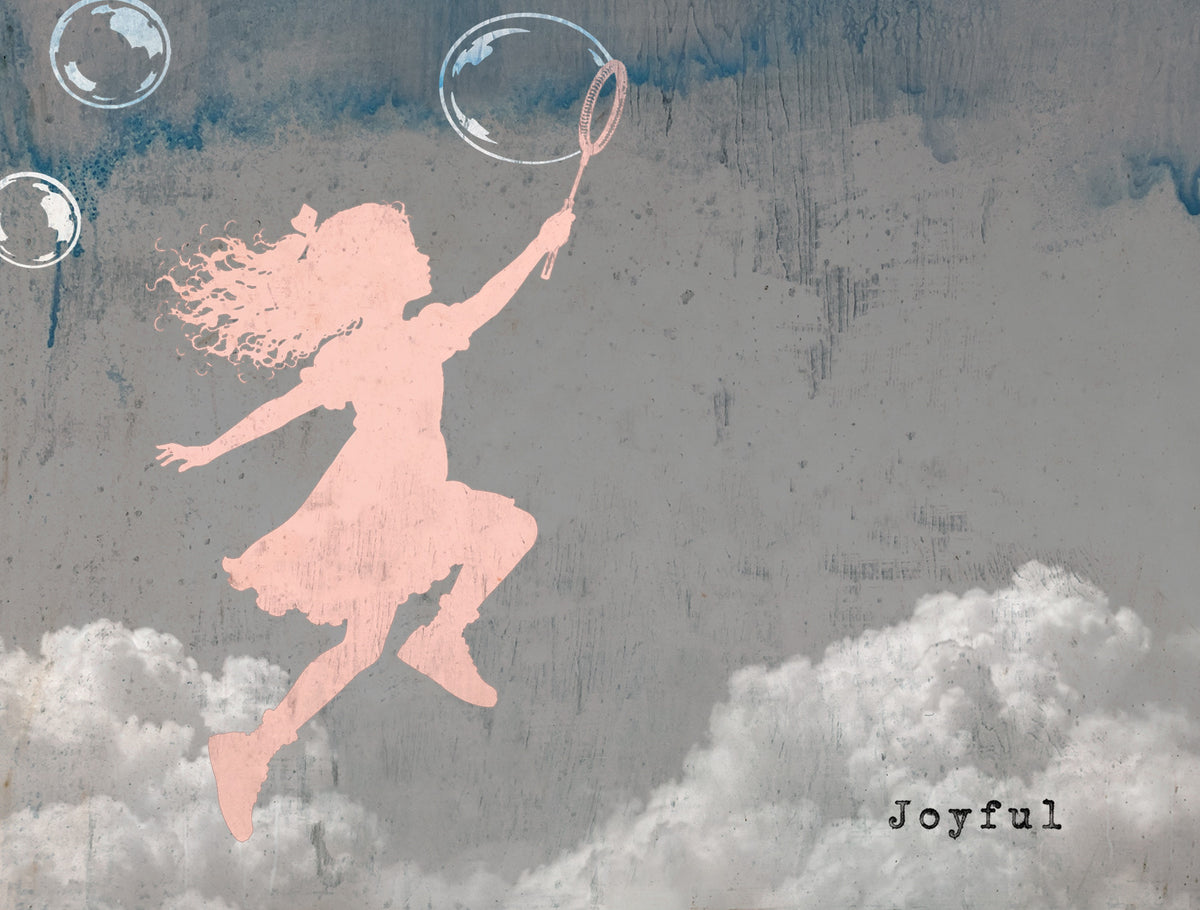 JOYFUL captures the carefree wonder of childhood through the silhouette of a young girl leaping among the clouds, reaching skyward with a bubble wand as delicate bubbles drift around her. Equal parts nostalgic and uplifting, JOYFUL is a celebration of optimism, playfulness, and the enduring ability to find magic in everyday life. 