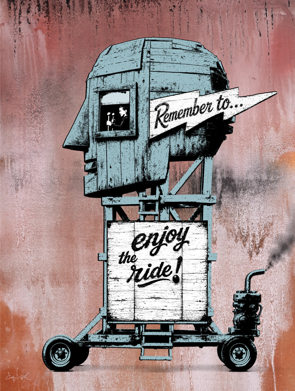 About REMEMBER TO ENJOY THE RIDE:

“Remember to Enjoy the Ride” is a little homemade road machine built with big dreams. Perched on a wheeled frame with a small motor, its oversized wooden cab is shaped like the head of a giant robot, complete with a tiny driver peeking out from the side window. Hand-painted signs remind us to keep going, make our own way, and enjoy the ride while we are at it; A folksy tribute to imagination, independence, and the joy of building your own path.
